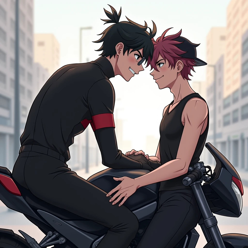 Deku todoroki and bakugo in leather pants kissing 