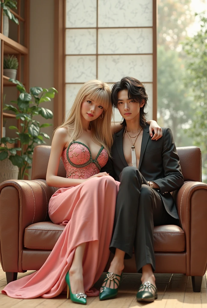 Woman and man sitting on a sofa wearing elegant clothes, realistic. 