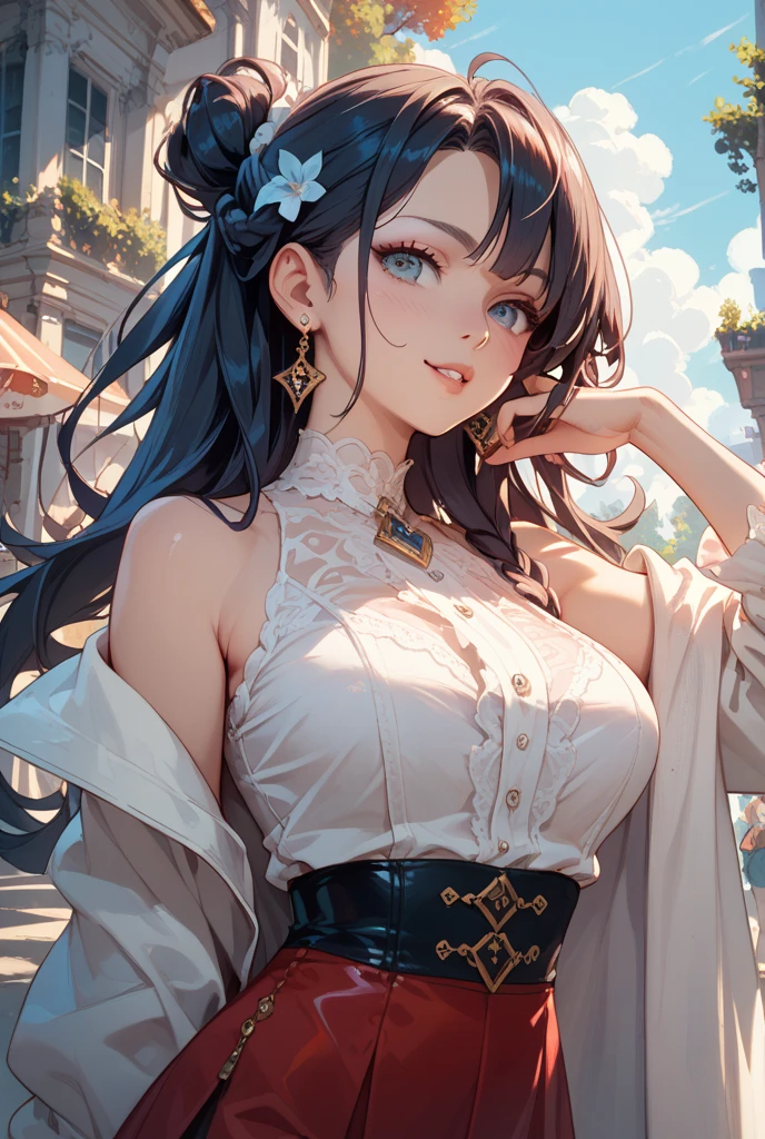 (((beautiful))), (((dress, hat, witch))), ((Black Hair, parted bangs, forehead, ponytail, Chubby)), One Woman, Large Breasts, Huge Saggy Tits, Cleavage, Waistline, belly button, Glowing Skin, (((Intricate details))), High resolution, ((Intricate details, Ultra-detailed)), Are standing, from front, wide shot, (looking at viewer, look at viewer), Red cheeks, smile, night,