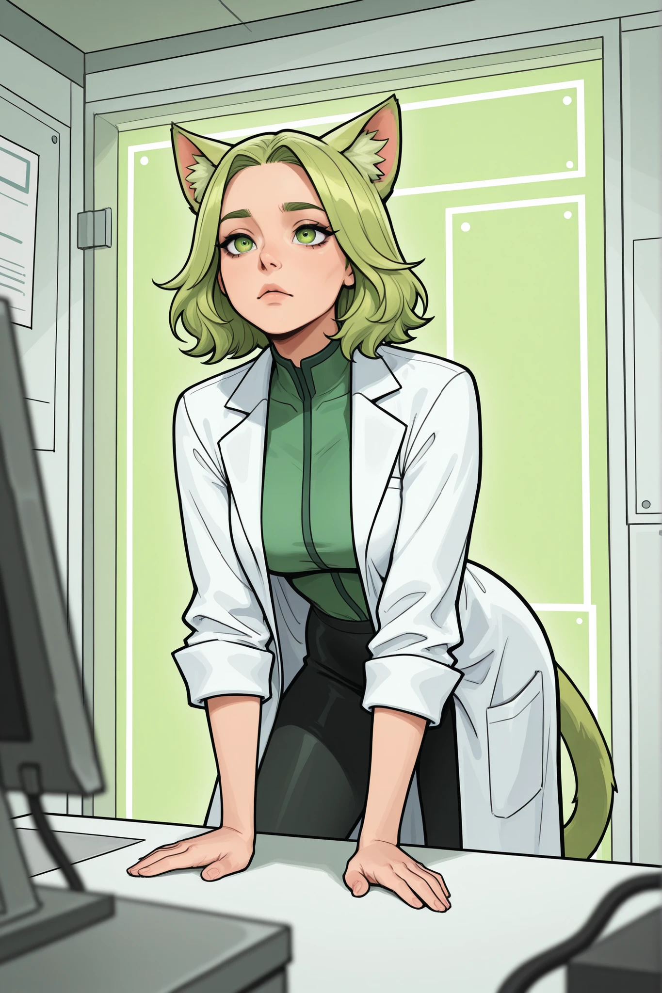 catgirl, alone in the foreground, in an idle pose, She has acidic green hair, lab background, green eyes, lab coat