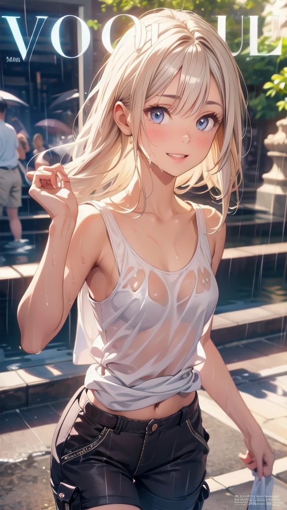1 female,golden hair,25 years old,(((blue shiny micro tight skirt)))((white tank top))(((blush、open mouth smile)),(((straight hair))),(((portrait))),crowd,,(wet with sweat)(sexy black bra and see-through tank top)()(((small breasts)))