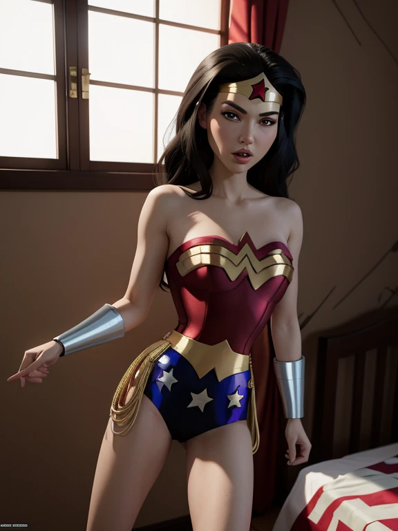 Wonder Woman, vhs effect, nostalgia, full body, Wonder Woman, (Intricate details, makeup), (Delicate and beautiful delicate face, delicate and beautiful delicate eyes, perfectly proportioned face), delicate skin, strong and realistic blue eyes, realistic black hair, lips, makeup, natural skin texture, tiara, jewelry, star \(symbol\), leotard, bulletproof gauntlet, Red boots, golden belt, (public clothing: 1.5), bare shoulders, slightly sunburned complexion, elastic muscles, (muscles: 1.2), ((strong and healthy body)), (((more) muscles))), long legs, curves, cleavage, thin waist, soft waist, (delicate skin), (beautiful woman), (swollen lips: 0.9), (eyelashes: 1.2), very delicate muscles, perfect body, flexing muscles, (skin texture), intricately detailed, fine details, hyperdetailed, raytracing, subsurface scattering, diffused soft lighting, shallow depth of field, by (Oliver Wetter))neon)