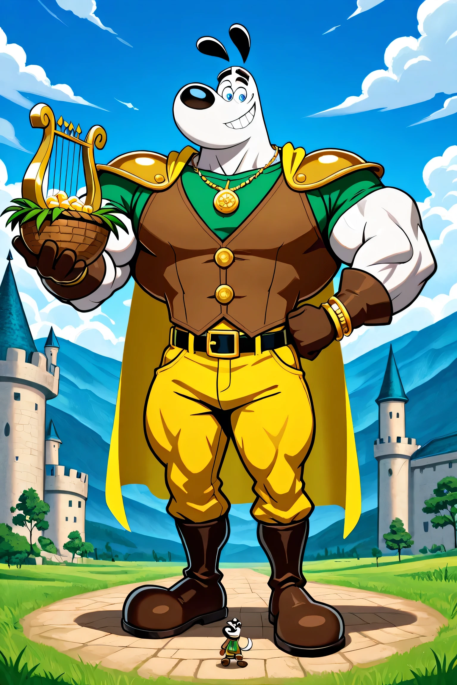 A Giant muscular dudley puppy (T.U.F.F Puppy), white dog, gigantic chin, cartoon 2d style, saturaded colors, giant size, macro size, full body, gigantic muscular body, giant castle background, Masterpiece, best quality, high quality, detailed, Dudley Puppy, male, solo male, 1boy, broad shoulders, mature male, blue eyes, athletic build, muscular male, black ears, black eyebrows, animal ears, white body, big eyebrows, powerful smile expression, giant size, macro size, 50-foot size, a green shirt with long sleeves, brown vest with bottoms, round snout, full body, dark yellow pants, black and gold belt, teeths necklace, bigger brown gloves, golden bracelets, wearing a very long dark yellow cape, bigger golden shoulder pads, big feets, bigger brown wrestler boots, outdoors, looking at viewer, powerful smiling, macro size, 50-foot size, giant size, holding a basket of golden eggs coins colorful jewels diamonds and a golden harp, blue sky background, beanstalk plant in behind, a macro big castle background, clouds background, clouds behind, floor, gigantic footprints boots on the grass, mountains behind, fairytale fantasy scene, jack and the beanstalk story, beanstalk behind.