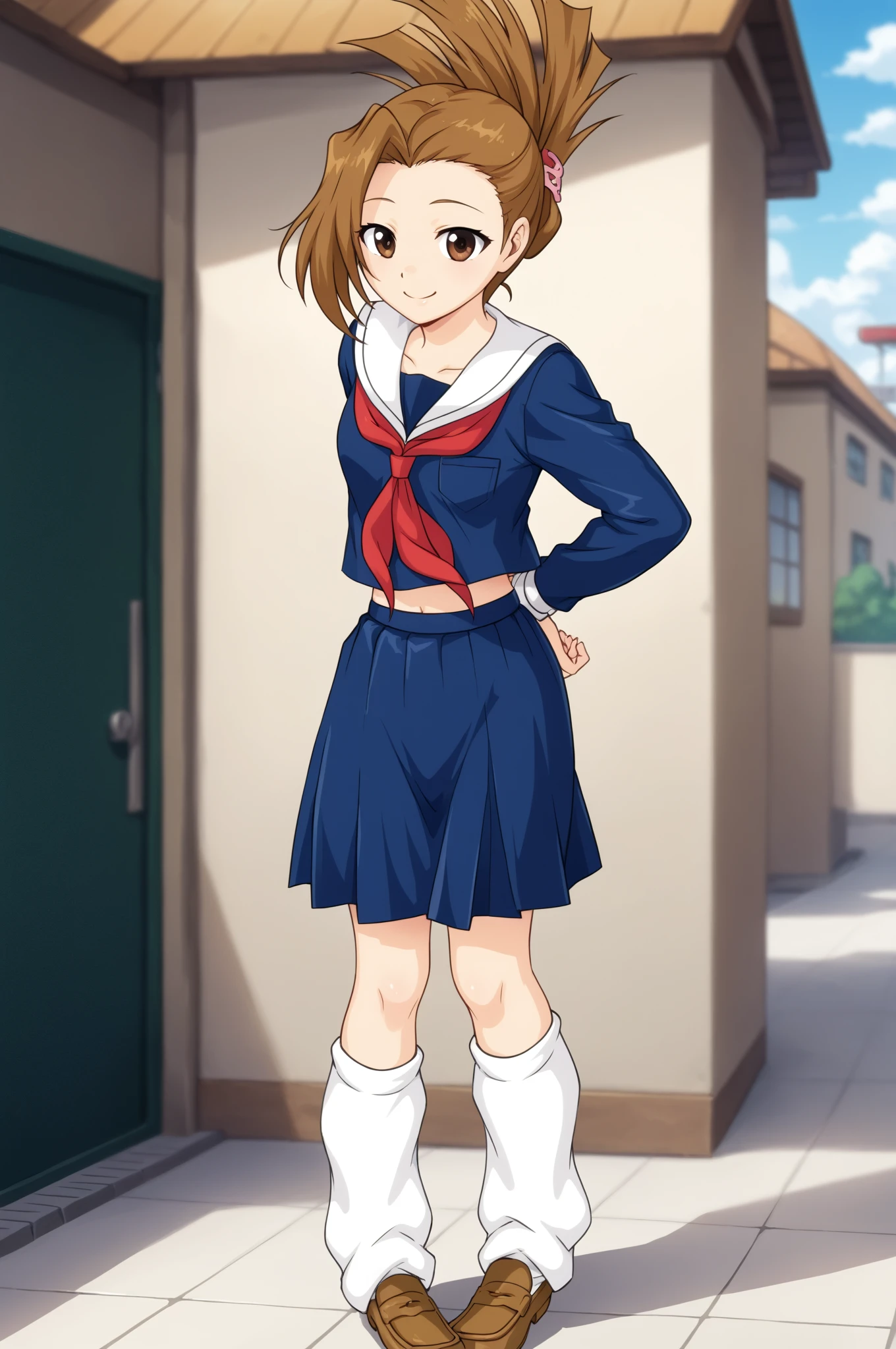 masterpiece, best quality, highres, 1girl, suzumiya haruhi, solo, superhero, leotard, bare legs, brown hair, short hair, brown eyes, hairband, medium hair, ribbon, boots, matching boots, medium , cowboy shot, standing, smile, city backdrop, kyoani haruhi style, sleeveless,