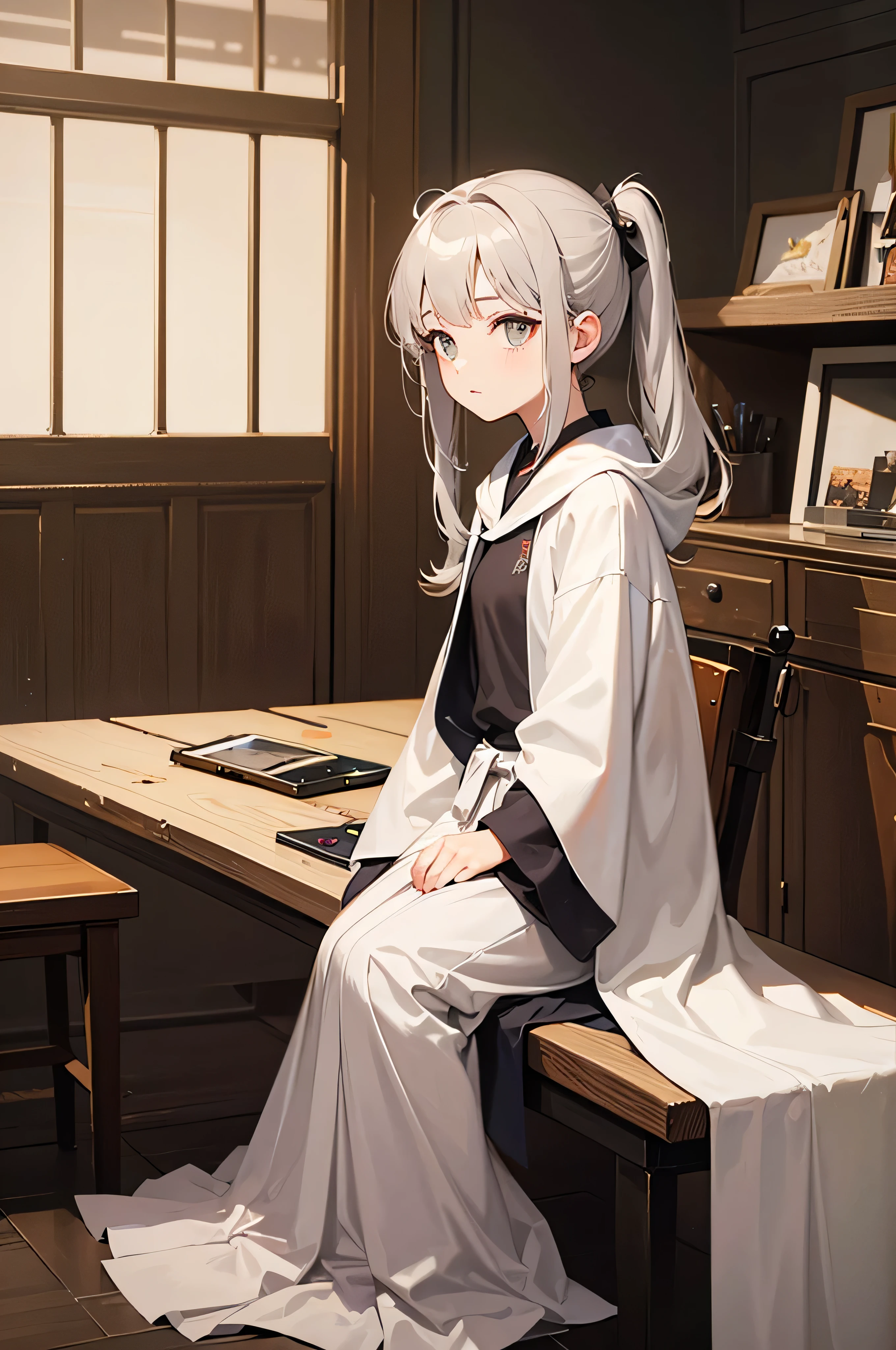 girl, long silver hair, hat, bathrobe, female,