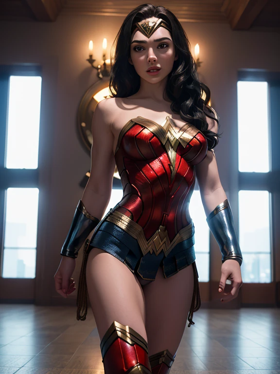 ((masterpiece, 8K, 3D, Realistic, Super Detail)), (1girl:1.3), slender 17 age, Ultra Micro photography, Super realistic, Perfect face, Beautiful features, ((Perfect female body)) Beautiful features, ( body), ((small hips)), Lisa Blackpink as Wonder woman ((Exposed thigh)), Exposed Skin, Front Full body Shot, full body portrait, futuristic city background