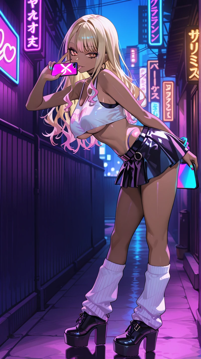 Black woman with blonde hair, There are pink highlights, Wearing tight sexy clothes, cleavage, Wear thigh boots, Flowing hair Highlighted hair, Wearing makeup, I'm a pop star