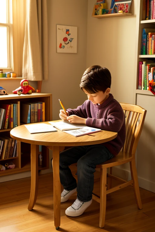 Over-the-shoulder view of a child studying sitting in a chair and table using a laptop with books, notebooks and pens spread across the table in his room. Very colorful room decoration, colored pencils on the table, child with light and colorful clothes. Ultra realistic. --auto --s2