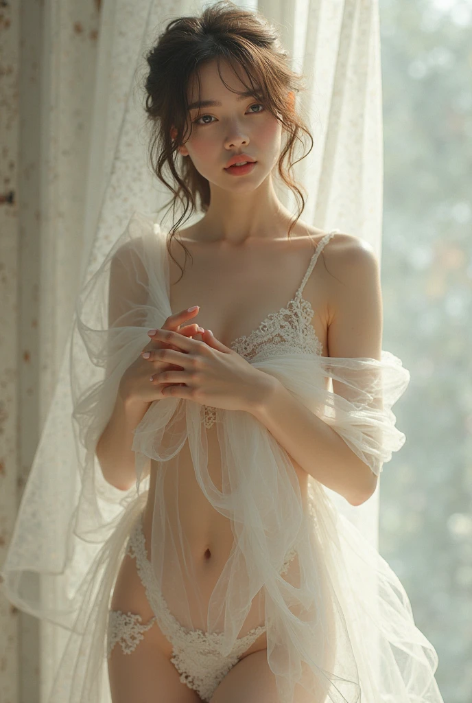 (best quality, masterpiece, ultra detailed, ultra high res, photorealistic, raw photo, absurdres, absolutely resolution:1.0), see-through, Strapless dress, (garter belt), naughty face,