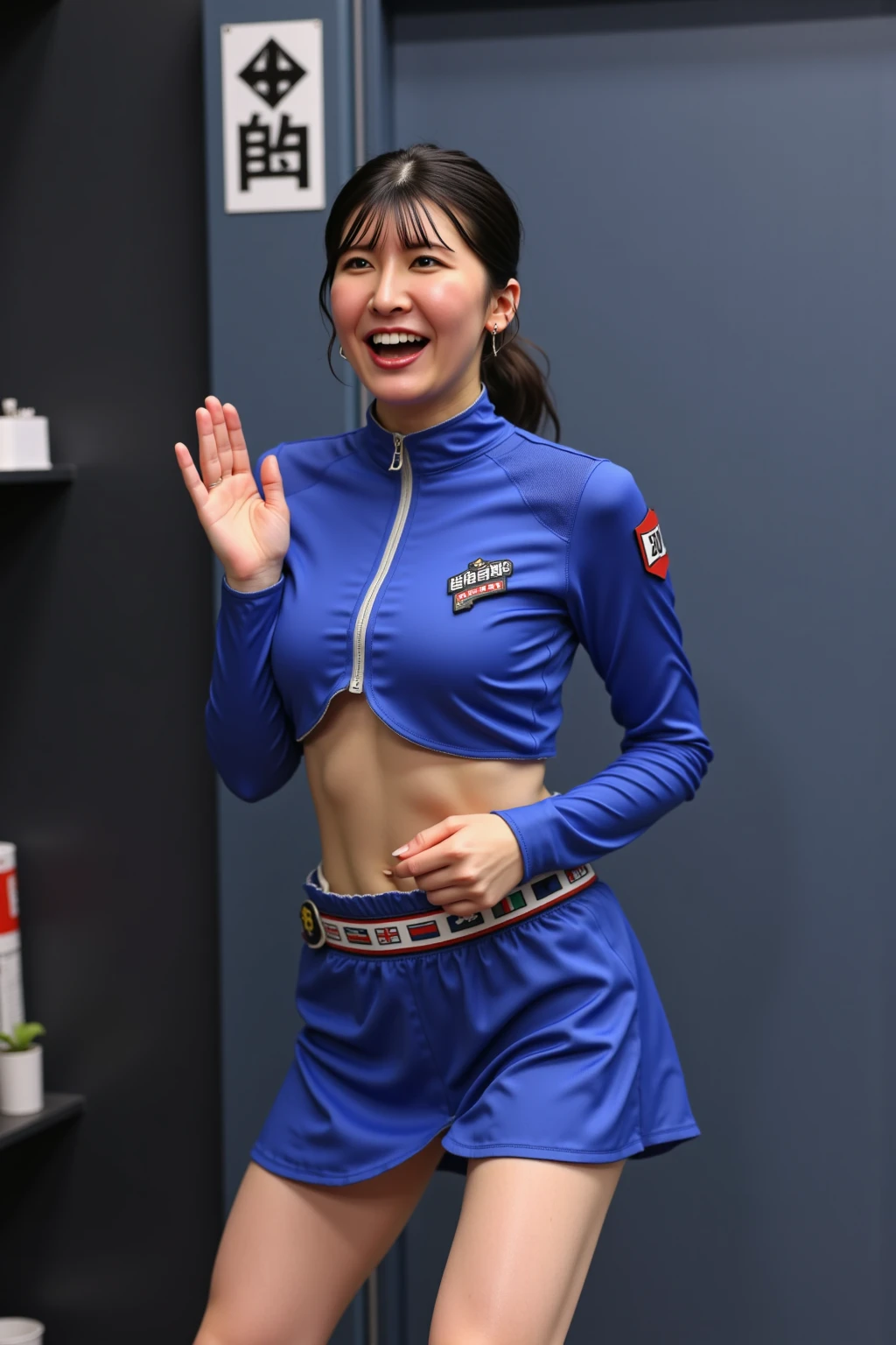 photorealistic, masterpiece, photorealistic, high resolution, soft light, hips up, glowing eyes, (light eyes, white irises: 1.3), blue hair, long hair, Intricate details EABA, seethrough vest, pants, Ninja, Armor, Member belongs to Division 5, Hinata Hyuga, smiling, Konoha office
