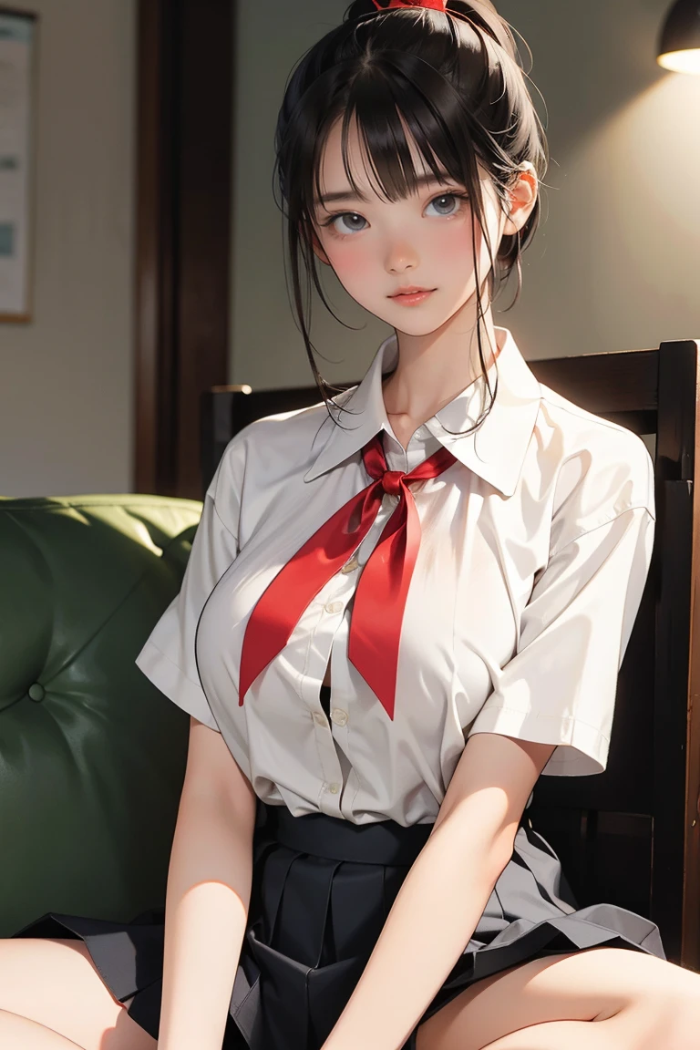 cleavage,masterpiece, best quality, ultra-detailed, illustration, epic lighting, cinematic composition, isometric, 1girl, solo, cute, brown eyes, black hair, swept bangs, single sidelock, red hairclip, white collared shirt, black necktie, black pants, formal, enchanting gaze, captivating pose, indoors, office, door, opening door, looking at viewer, peeking out upper body, blush, seductive smile, closed mouth,(8k:1.1),