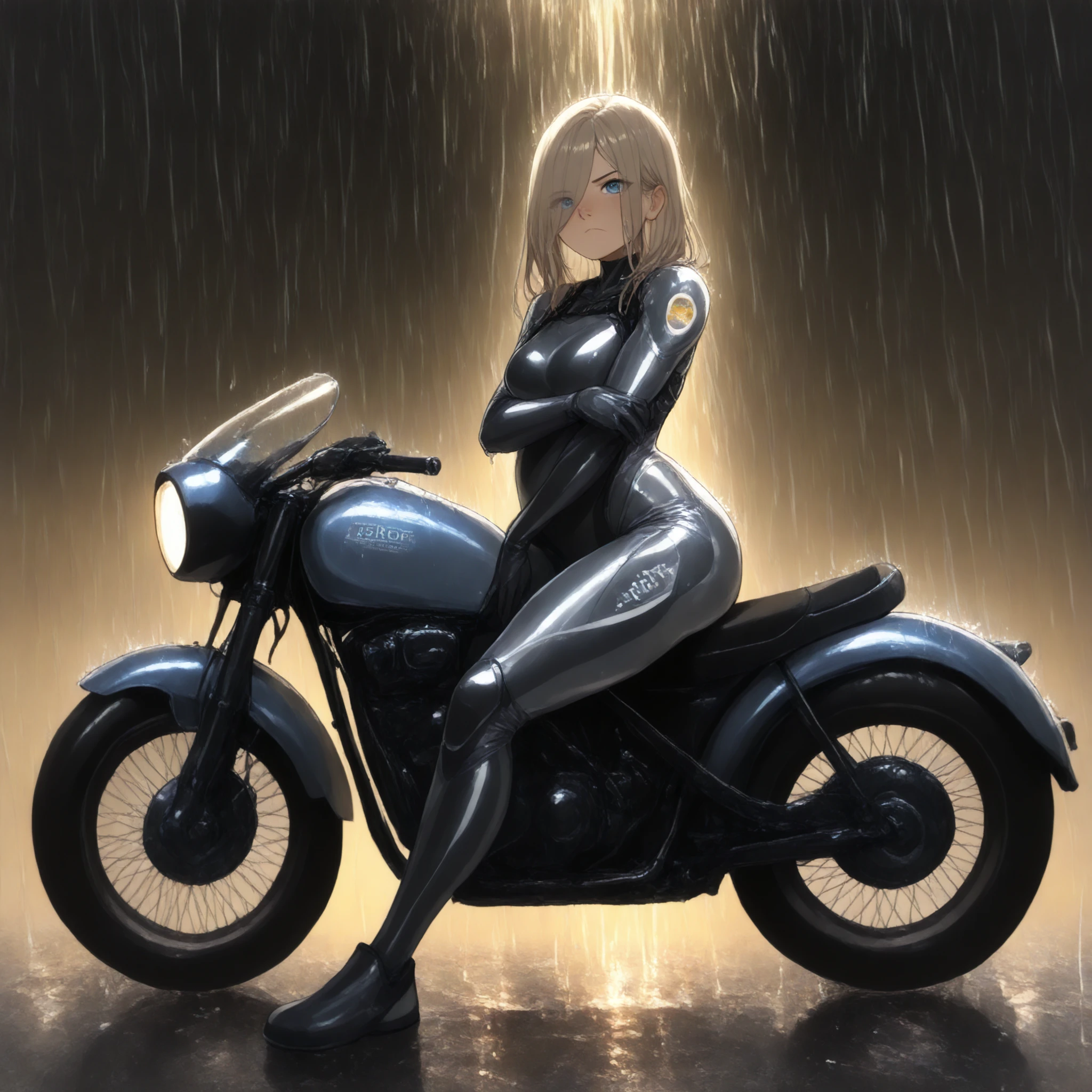 1girl, sitting on an antique motorcycle, blue eyes, brown medium length hair, (wearing a tight tactical suit, sneaking suit, no armor), (small stuffed belly) (arched back), (love handles) , (arm across belly) (college campus background, (aquiline nose), eyes visible through hair, solo, (), (full body shot), best quality, masterpiece, (score_9), (score_8_up), (score_7_up), (serious and determined emotions:1.1), , perfect shadows , masterpiece, best quality, 8K, detailed, (specular thunderstorm lighting), (rain and thunderstorm), (wet hair)