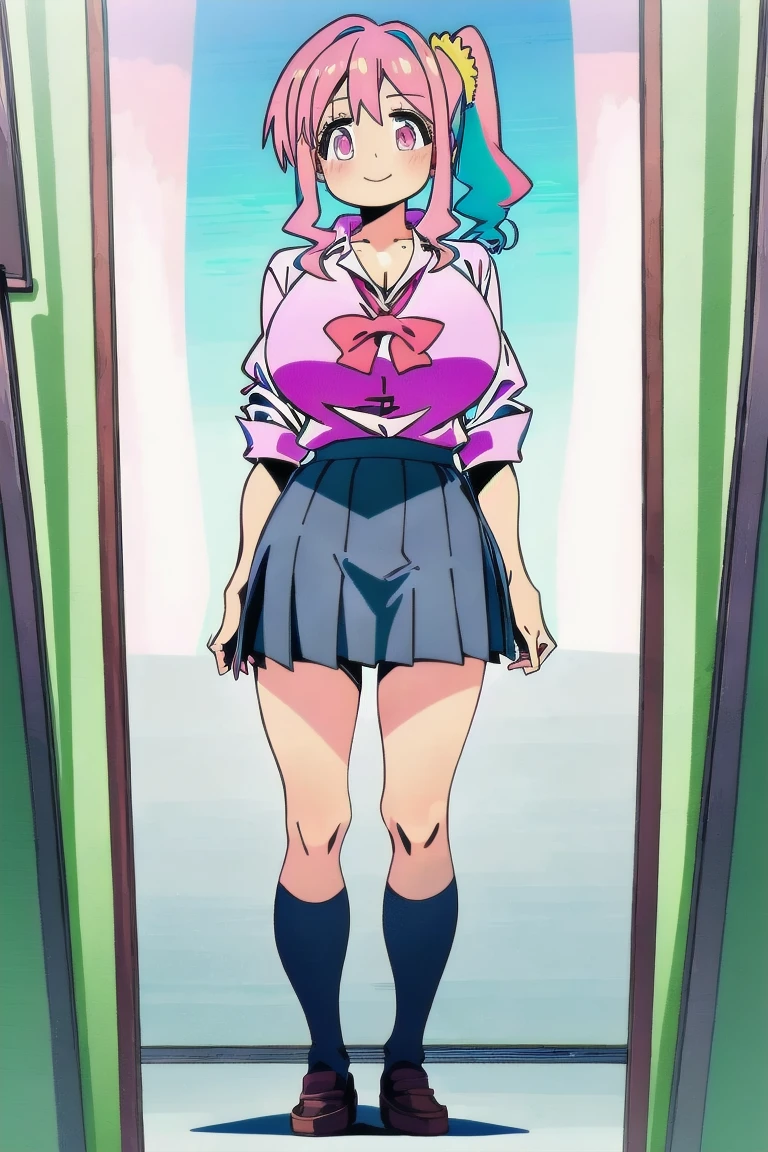 top-quality、​masterpiece、1girl in、Light smile、looking at the viewers、A pink-haired、shorth hair、城市、sundress、cowboy  shot、(((Skirt lift)))、(((panties)))