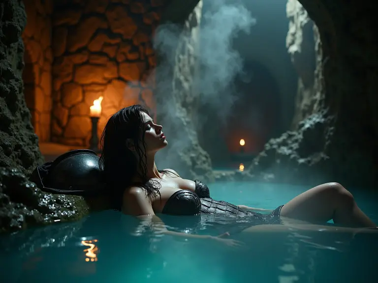 Draw a brunnete woman like in the scene with dagon at the end of the movie dagon la secta del mar abobe a deep pit with water in its bottom , she is surrounded by a phantom who is holding her legs and her arms, she doesnt mind and want it