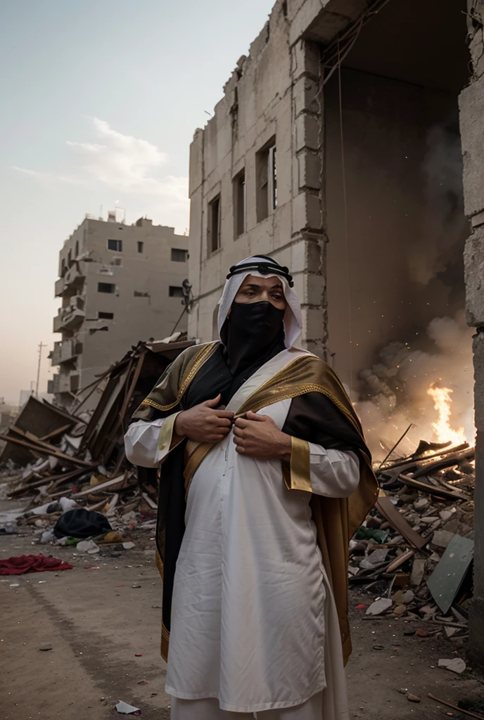 (Quality tags: masterpiece, best quality, official art:1.2), a man in a white robe with the Palestinian flag, standing boldly amidst explosions and devastated buildings, (flowing robe symbolizing resilience:1.3), a realistic portrayal of strength, (stern confrontation with Israeli soldiers:1.1), a street marked by destruction and turmoil, (smoke-filled backdrop:1.2), capturing the harsh reality, (intense gaze and defiant stance:1.4), a powerful narrative of resistance, (dynamic composition:1.2), a scene that speaks truth, a moment of raw accuracy.