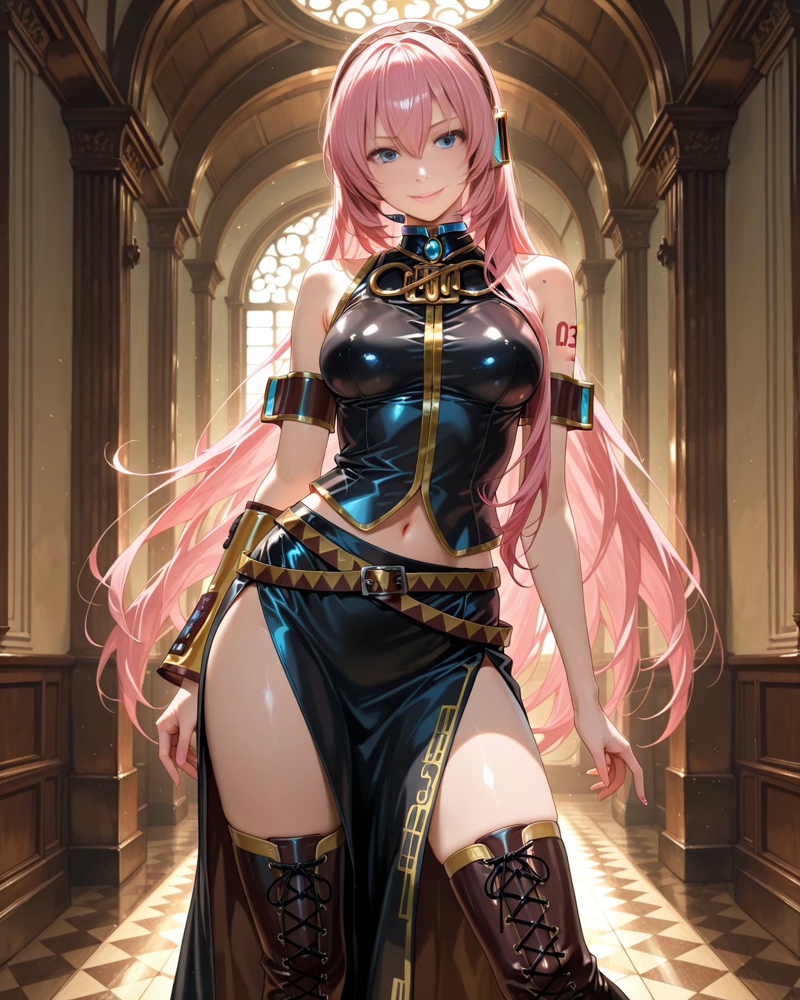 ((Full body, standing):1.5), Princess Zelda: wearing extremely tight-fitting black maid outfit, with short white shorts, extremely large breasts, pink hair, blue eyes, posing erotic, smiling and looking at viewer , in an Egyptian tomb filled with (sarcophagi:1.4). anime, anime, Hyperrealism, Hyperrealism, 16k, ((high quality, high details):1.4), UHD, masterpiece