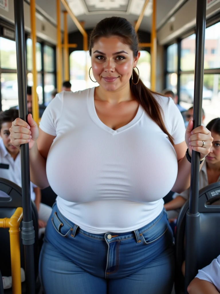 beautiful busty, dildointhong, halter neck shirts, large breasts, covered breasts, thigh high stocking with garter, full body shot, full body shot from below, in the crowded bus