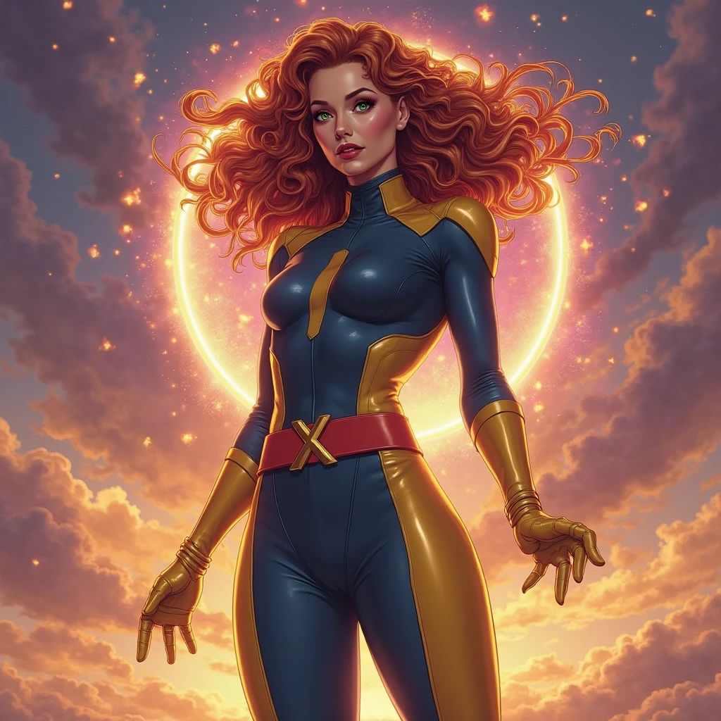 masterpiece, Sexy Superheroine, red hair, long hair, busty, blue highleg leotard with a t-back thong and a gold star insignia on chest, gold boots, gold gloves, Cleavage Cutout, photorealistic, 8k, hyper detailed, cinematic lighting, dramatic pose, dynamic action, vivid colors, realistic skin textures, (muscular physique:1.2), (heroic expression:1.2), (powerful:1.2)