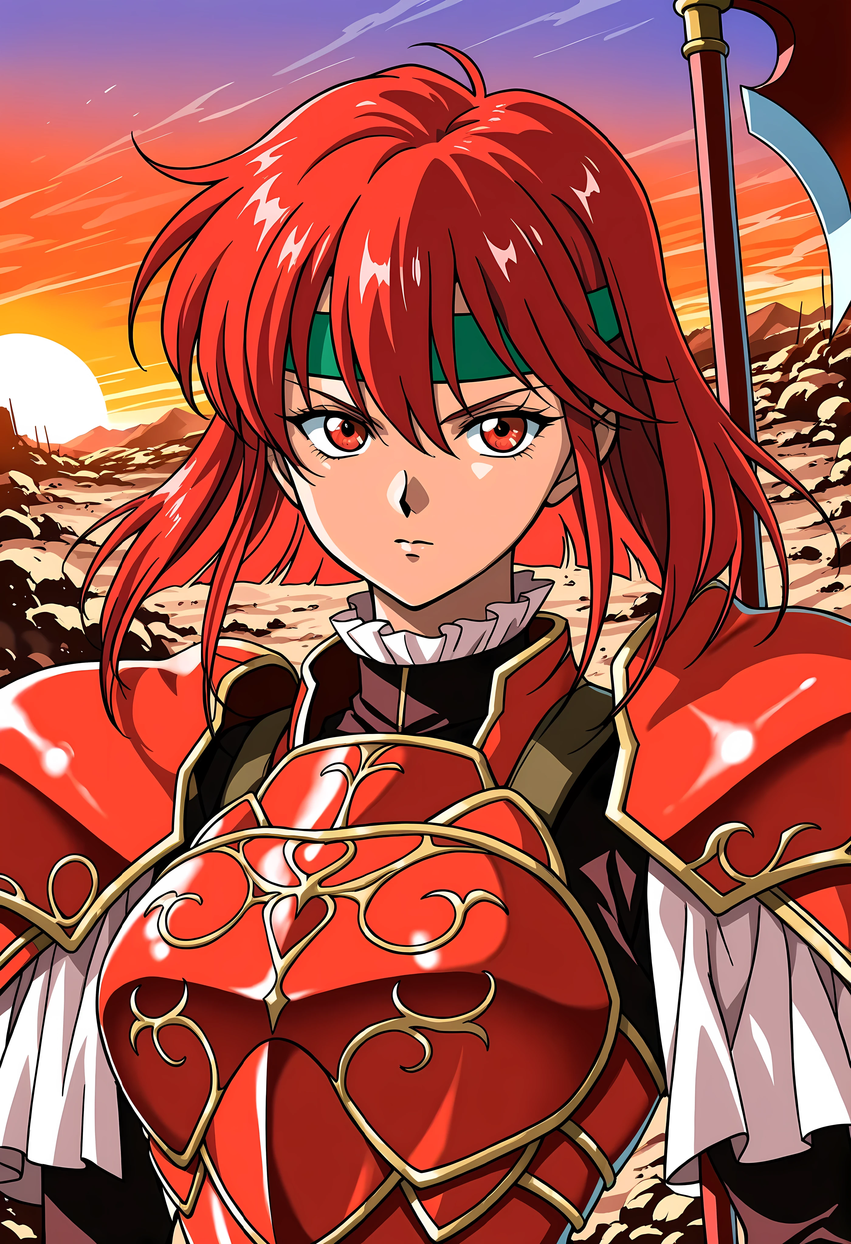 (masterpiece, best quality:1.2), (absurdres, UHD, 4K), 1girl, solo, (upper body portrait), 3/4 view, Minerva from Fire Emblem: Shadow Dragon, calm and noble expression, deep red medium hair, red eyes, fair skin, green headband with gold-trimmed ends above eyebrows, soft bangs partially covering forehead, white ruffled collar, (deep crimson segmented armor with gold trim:1.2), heavy mechanical knight armor, layered plates, massive pauldrons, chest insignia, high-tech fantasy design, ornate metallic shoulder and chest armor, (anime-style metallic gloss), (mecha-inspired armor design), armored bodice, holding halberd, soft cinematic lighting, anime cel shading, vivid but limited palette, 1990s anime style, (Yuji Moriyama style:1.3), (Hiroshi Osaka style:1.3), (Hiroyuki Kitazume style:1.3), clean cel animation, (battlefield background:1.2), (sunset lighting:1.2), dust particles in the air, dramatic warm shadows, smoldering ruins in distance, (halberd with spear-like design:1.2), elongated thrusting blade, narrow axe blade, elegant tapered point