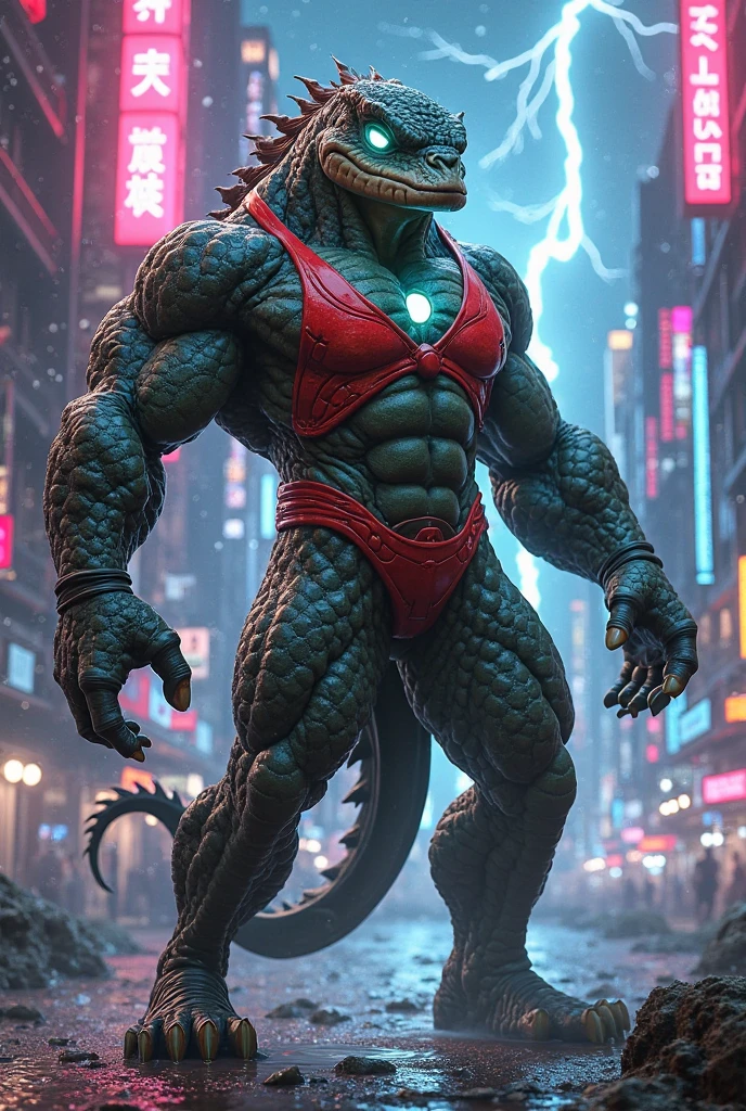 Shendu, Male, Solo, Muscular, Pectoral Muscle: 1.1, Big Pecs, Nipples, Abs, Correct Anatomy, Anthro, Scales, Hands on Hips, Muscular Thighs, (Realistic Shadows, Depth of Field, High Angle Shot), Dragon Tail, Claws, Smiling, Dragon Teeth, thongs, Bulge, Dark Green Body Color, Red Glowing Eyes,
