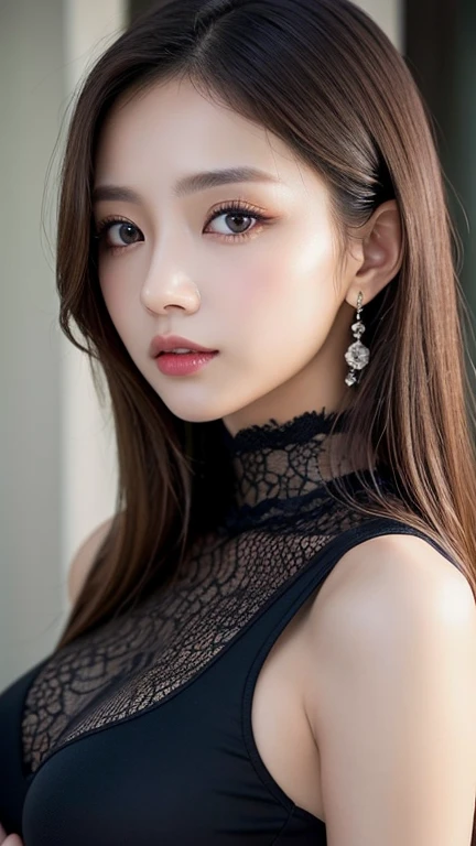 masterpiece, best quality, 1 woman, alone, long hair, looking at viewer, laugh, forehead, headdress, red eyes, long sleeves, sexy dress, standing, clavicle, black hair, brown hair, sexy alternative lingerie, tree, sexy micro chinese lingerie, hairpin, Ningguang (genshin impact), Ningguang, big bust, perfect body 