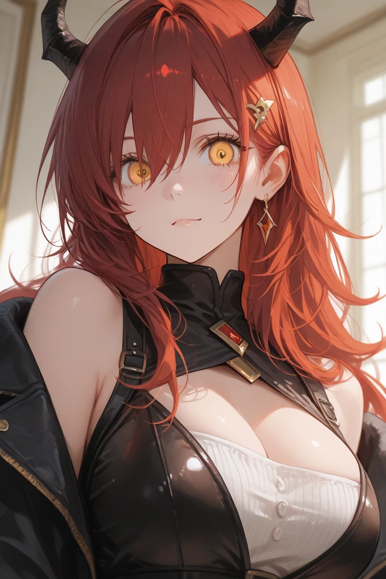 (best quality), (masterpiece), (artwork), (best illustration, desinger, colors), (best development), (detailed eyes), (extremely detailed eyes:1.2), (glowing eyes, bright, sparkling:1.3), a beautiful girl, long red hair (the color of blood), (detailed yellow eyes), white skin, background of rustic art scene of an insane asylum, she is wearing a bloodied straitjacket