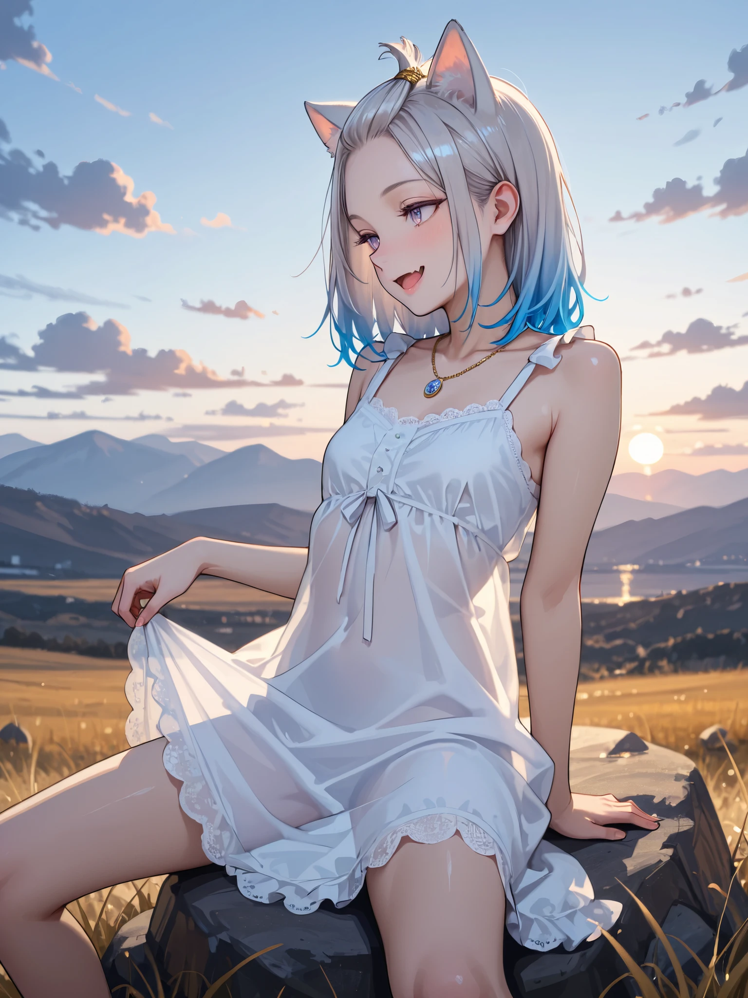 ((Masterpiece)), ((best quality, very aesthetic, absurdres, newest, detailed background)), ((realistic, photorealistic, realistic shading)), (profile), (8K), ((1girl)), cute young Girl, (Healthy Gaunt body, Textured skin, small breast, tilt head), (pale purple eyes, gradient eyes, looking at side), (platinum-gold hair), (bangs pinned back, cute forehead), gradient hair, blue color Hair Tip, (medium hair), small breast, (Healthy Gaunt body), (open mouth wide, skin fang), seductive smile, blush, (cute cheeks), glossy lips, pouty lips, (lower eyelashes), tilt head, (put on cat ears), Beautiful collarbones, BREAK, (white long sundress, sleeveless sundress, lace trim, frills), ((lift the skirt and spread it out, lift by self)), (unconventional accessories, unconventional necklace), (slightly see-through silhouette), ((loose sitting on the rock, legs apart)), outside Landscape below the deep cliff at sunrise, outdoor, cloud of dust, summer day, morning glow, (Beautiful landscape),