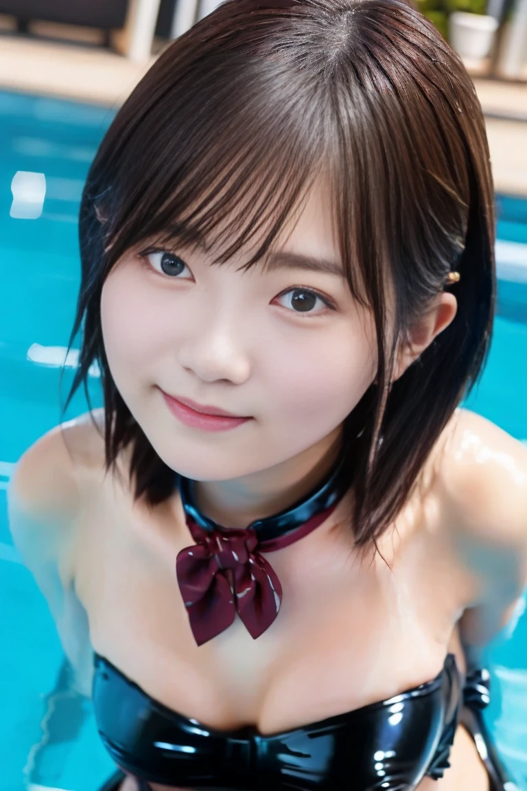 triangle-bikini,(open mouth:1.5),(tongue out:2),Kneeling,Hands between legs,Collar with leash,front view,from above,cowboy shot,(1girl,Beautiful 14 year old girl,teenager),((Slender,Small breasts,Small face,)),(looking at viewer),Black Hair,bangs,straight,Beautiful and detailed,Poolside