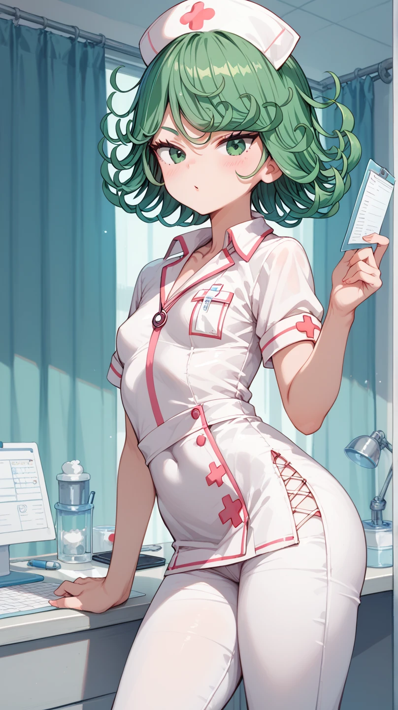 1girl, solo, nurse, nurse cap, white nurse uniform, ((white legwear, zettai ryouiki)), white gloves, ponytail, green hair, pink eyes, ((white surgical mask, covered nose)), standing, ((hospital room)), sharp outline, short sleeves, best quality, masterpiece