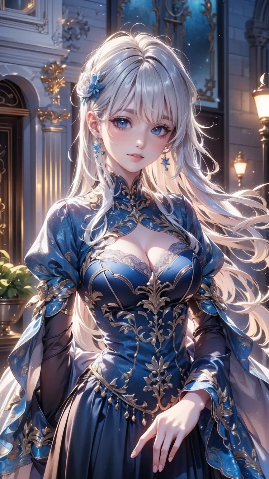 ((highest quality)),(Ultra-high resolution),(Very detailed),(Detailed Description),((The best CG)),(masterpiece),Ultra-precise art,Amazing drawing art,(Fantasy art with intricate detail:1.5), Pray to the stars, storm、A woman with short silver hair、Smiling and beautiful face、Beautiful person、well detailed face polluted smile、It's photorealistic、Hyperrealistic、Cool and handsome face、Flat Chest、Purple Eyes