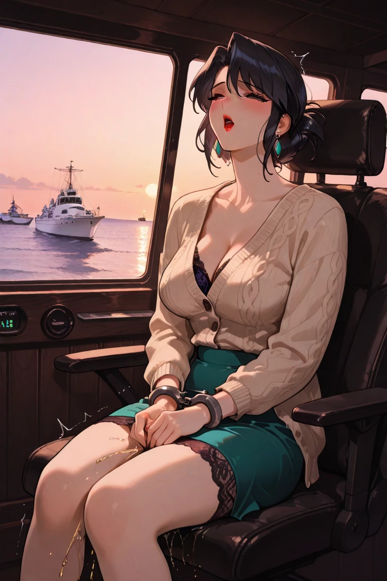 top-quality、Top image quality、masterpiece、girl with((18year old、Best Bust、Medium bust、Bust 85,Beautiful blue eyes、Breasts wide open,Black Short Sleeve T-Shirt、Red cardigan with short sleeves、Black short skirt、Ponytail with black hair、sitting in the seat、read a book、serious facial expression)hiquality、Beautiful Art、Background with((On the train)),masutepiece、Elaborate design、visualart、depth of fields、The best lighting、highestdetailed、