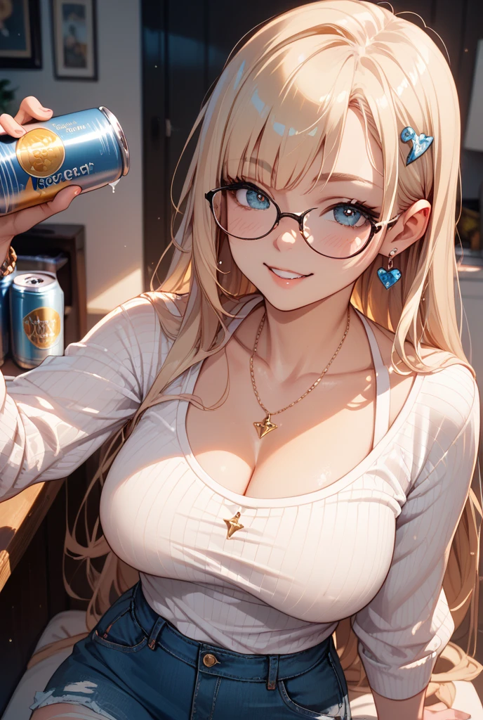 woman,14 years old,,city,night,(((white and blue tight miniskirt bodysuit))),,open mouth smile((See-through))(((glasses))),((beautiful long ponytail)),(()),blush、surprised face,((())),((blonde))(((On the way to changing clothes)))(((While taking off my clothes)))