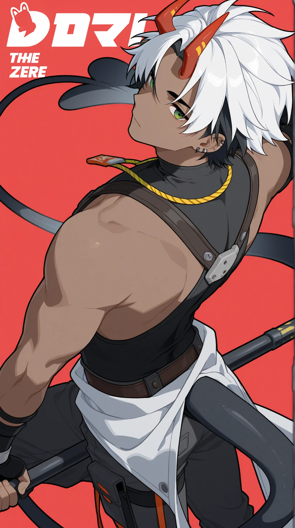 Un hombre con cabello blanco y negro musculoso con espada