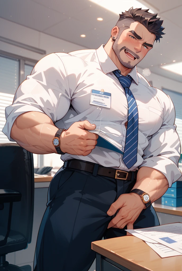 Author: bontiage, (1 boy), One, tiger, bulge, pants, long sleeve plain shirt, necktie, Men's Second, kemono, hot body, muscle, Beautiful, sexual, Attractive guy, (Detailed black eyes), brows, (masterpiece, A high resolution, Best quality), 4K, a male, Beautiful shadow