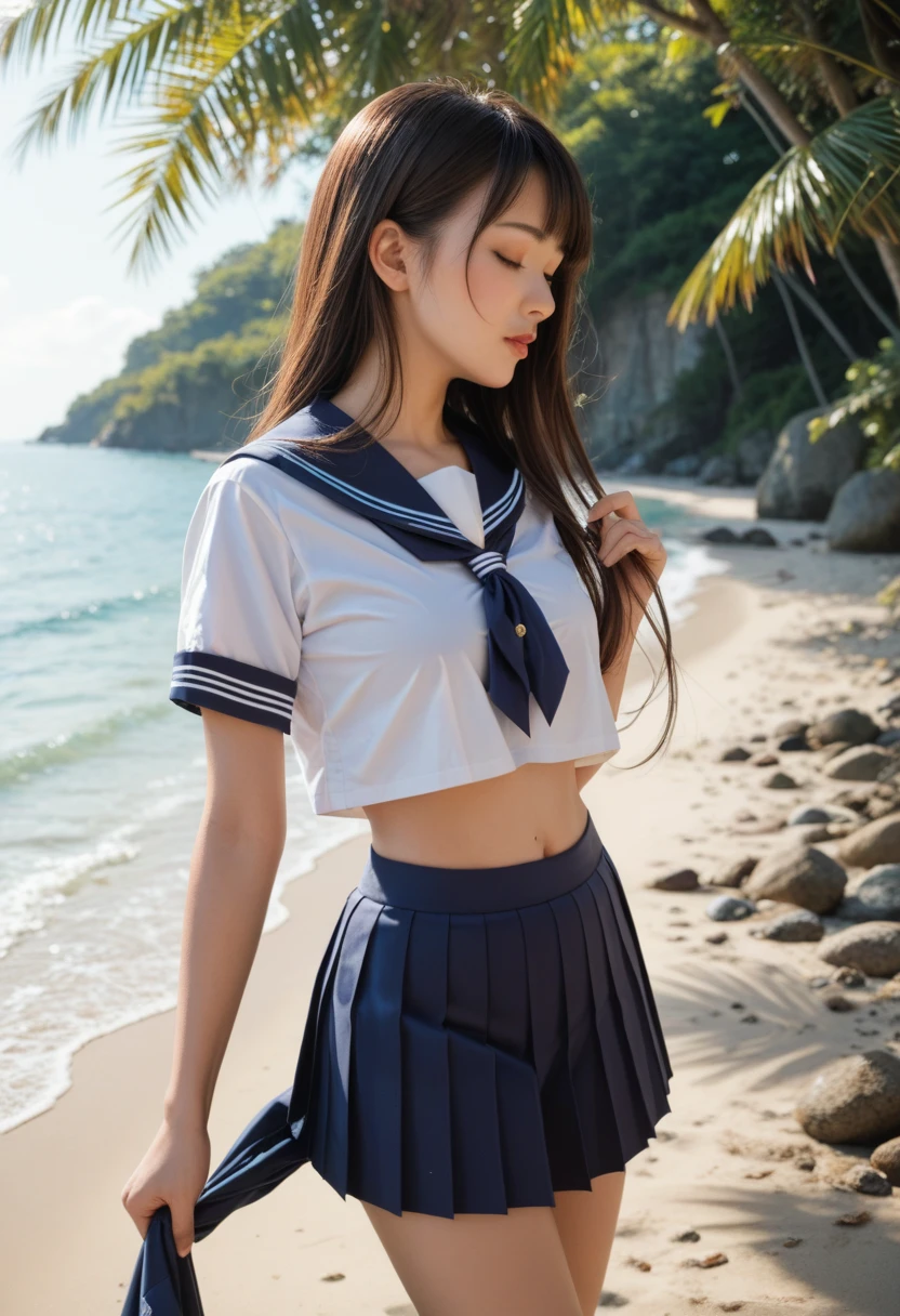 Madoka Ayukawa, 14 years old, bangs, 1girl, masterpiece, highest quality, disorganized, retro artstyle, 1980s \(style\)))), look viewer, (((scool sailor uniform))), full blush, (((no Panties))),, Take a look here, (((nsfw))), view audience, nsfw, Genitals are visible,1girl, (((See here))), nsfw, (Japanese girl showing off genitals:1.1), look viewer, (((walking on the beach, knee standing,))),