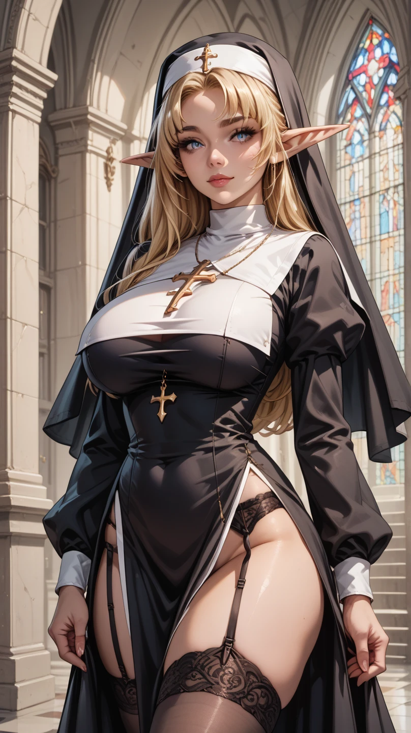 work of art, best qualityer, work of art,best qualityer,offcial art,Extremely detailed CG 8k unity wallpaper, Realistic, Real, absurderes, milf, nun, long hair, Breasts huge, wart on chest, separate breasts, just_flegs, side – bikini bottom with ties, ribbons-garter, white ribbons-garter, hand on someone else's hip, spread flegs, squatting down, bent_about, thigh vibrator, cos_writing, Describe a scene where a female vampire from the Tremere clan, with aristocratic features and mesmerizing eyes, is to seduce someone in a dark and mysterious environment. She is dressed in elegant clothes and displays an aura of power and mystery.... Your gaze is penetrating and seductive, as she uses her manipulation skills to lure the victim closer, involving her in a dangerous game of desire and fascination. The atmosphere around you is charged with tension and excitement., with shadows dancing around, further enhancing the atmosphere of seduction and mystery, wearing red lingerie, nsfw, high heel boots