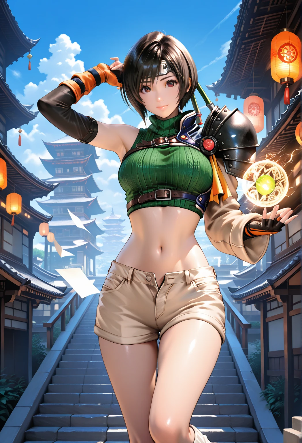 (masterpiece, best quality:1.2), <lora:tekken7_rizal-10:1>, solo, 1girl, josie rizal, smile, looking at viewer, leaning forward, hairband, shirt, skirt, earrings, midriff