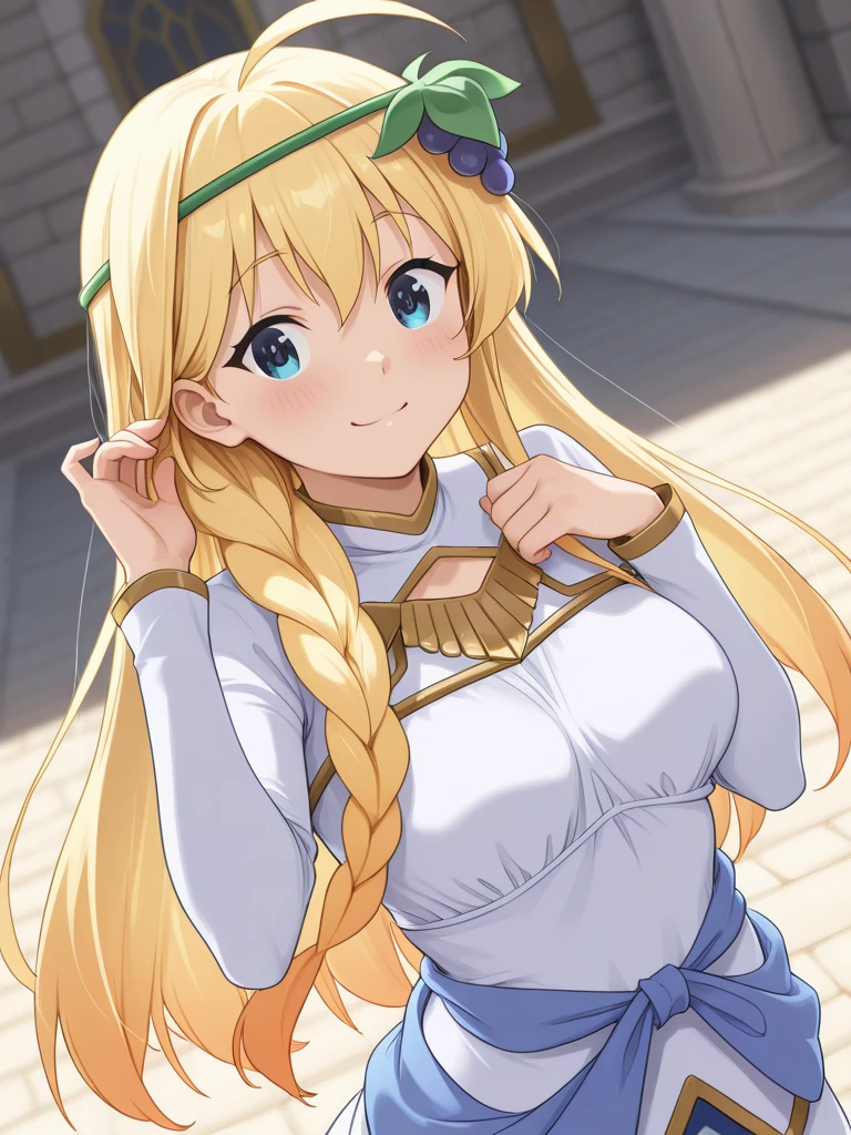 (masterpiece:1.3), (best quality:1.1), (8k, ultra detailed, ultra high res:1.2), ((anime style)), perfect 5 fingers, perfect anatomy, 
1girl,
BREAK long hair, wavy hair, 
(blonde hair), 
(blue eyes), 
medium breasts, camisole, (Sequins:1.2), 
BREAK smile, 
(gazing skyward:1.2), 
cowboy shot, 
white background, 