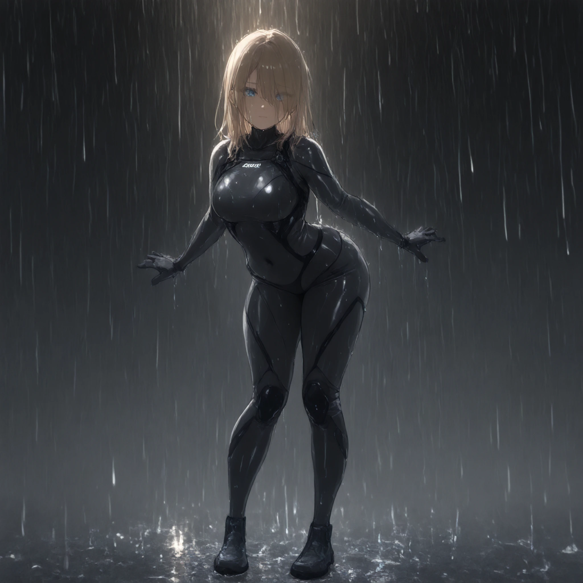 1girl, blue eyes, brown medium length hair, (wearing a tight tactical suit, sneaking suit, no armor), () (arched back), (love handles) , (medium stuffed belly) (fat face:1.1), covered navel) (college campus background, (aquiline nose), eyes visible through hair, solo, (), (full body shot), best quality, masterpiece, (score_9), (score_8_up), (score_7_up), (weight conscious emotions:1.1), , perfect shadows , masterpiece, best quality, 8K, detailed, (specular thunderstorm lighting), (rain and thunderstorm), (wet hair)