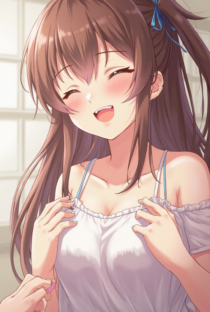 solo, mikan yuuki, (brown eyes:1.5), brown hair, hair ornament, hair scrunchie, long hair, pink scrunchie, scrunchie,　12years old,  empty eyes ,large breasts, nipple, ,, Heavy snowfall area　frozen (Sweating profusely, Love juice, Wet Woman, female ejaculation) crying mountain Alone, crying, Naked, 　Kitchen , Peeing, lactation, projectile lactation