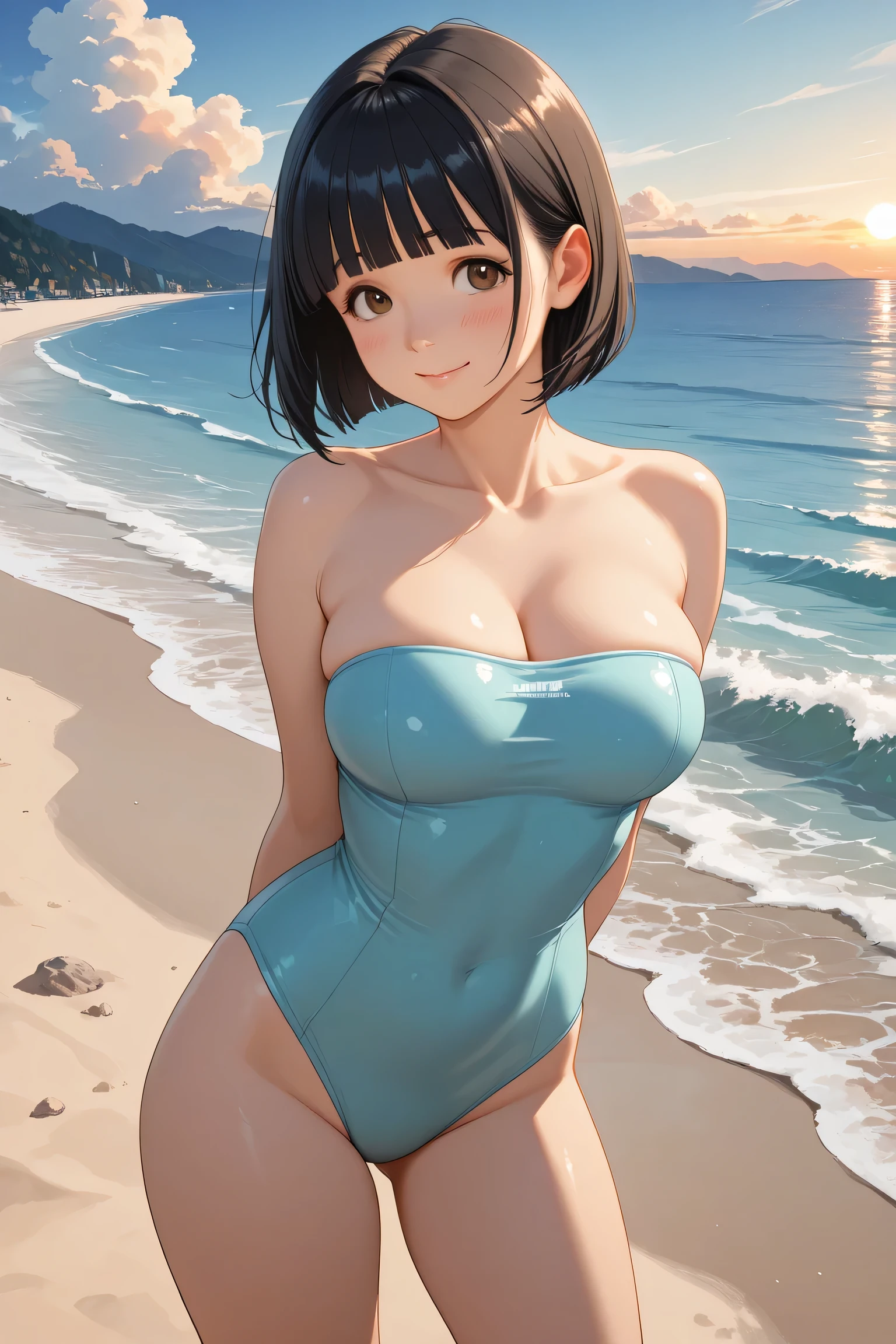 (masterpiece:1.2, Highest quality), (Realistic photos), Beautiful illustrations, (Natural side lighting, Cinema lighting),High detail、1 person, Japanese、20-year-old female, Perfect Face, Symmetrical cute face, Glowing Skin, (Black short bob), Dark blue eyes, (Huge breasts:1.1), Slender build, Flowing bangs、Beautiful Hair, Beautiful Face, Fine and beautiful eyes, Beautiful body, Beautiful breasts, (Navy blue school swimsuit),smile、Blushing、stand、Beach、Ocean、blue sky、My whole body is wet