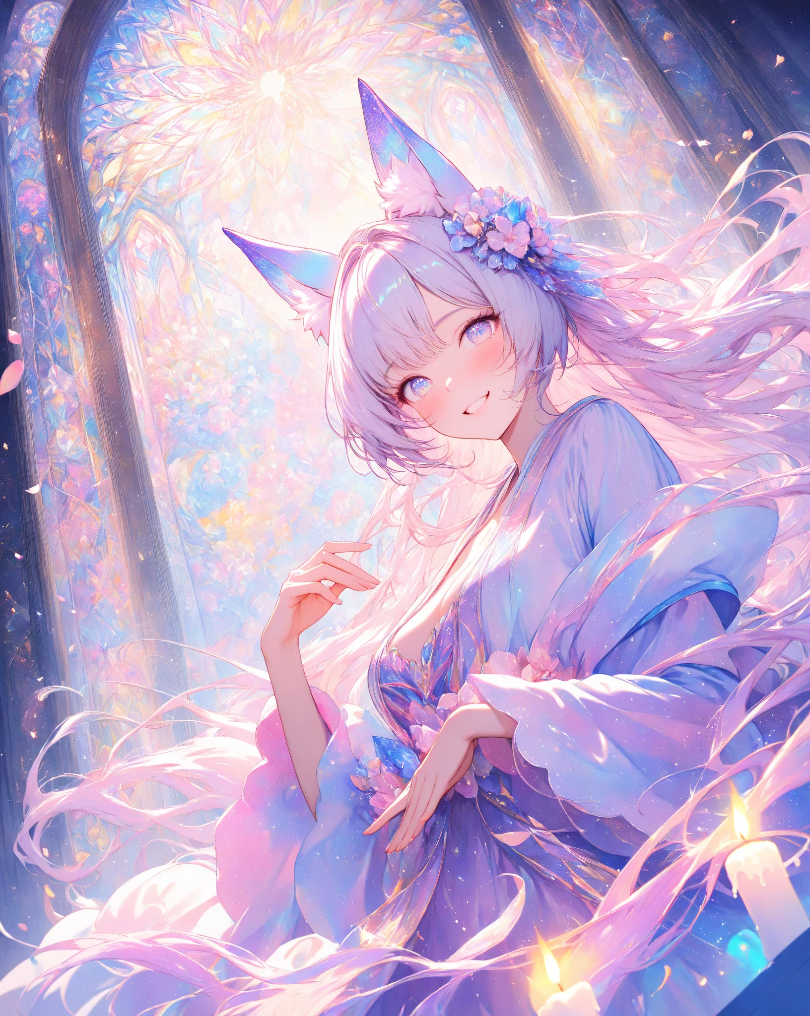 A pastel blue fox with light pink, mermaids tail