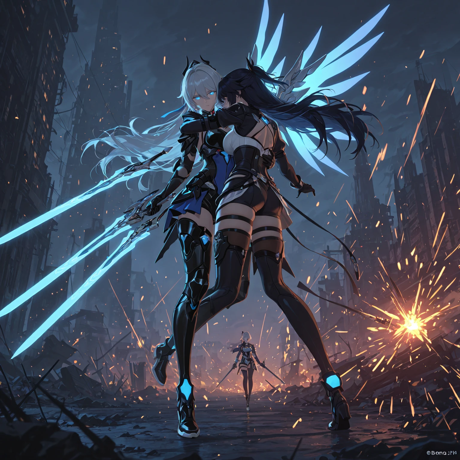 Deep focus, Two Shot, Cinematic Lighting, low angle shot, full shot, best quality, masterpiece, ultra high res, ((full body picture)), wide angle,facing viewer,2girls
AND looking to the right, 2girls, strong centered pose, looking concentrated, wielding magic, getting ready for battle, frostracetech,cryogenic <lora:FrostRaceTech:0.8>
AND looking to the left, 2girls, strong centered pose, looking concentrated, wielding magic, getting ready for battle, lava,style,world morph,magma <lora:MagmaTech:0.8>