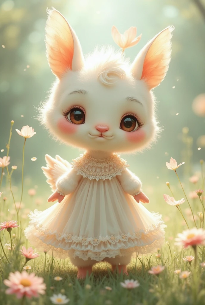 a cute little rabbit waving and smiling, white dress, emerald eyes, ballet shoes, ultra-detailed, (best quality,4k,8k,highres,masterpiece:1.2),ultra-detailed,(realistic,photorealistic,photo-realistic:1.37),adorable,soft lighting,highly detailed face,delicate features,whimsical,charming,pastoral