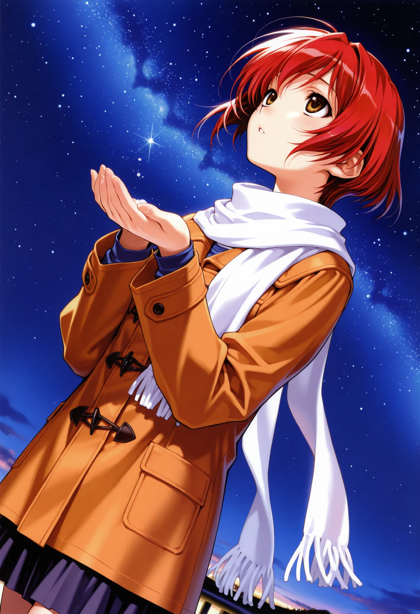 masterpiece,perfect anatomy,high resolution, ultra-detailed,beautiful detailed eyes,dutch angle,absurdres,1girl,(yuu nanase),brown eyes,red hair,short hair,scarf,coat,shirt,skirt,starry sky,cupping hand,looking up,