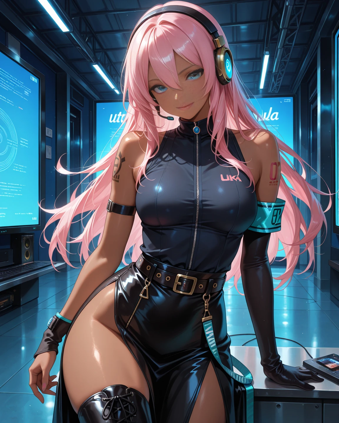 Highest image quality, outstanding details, ultra-high resolution, the best illustration, favor details, highly condensed, in gaming actions, hyper sexy Gamer girl, beautiful rainbow eyes, in game, the girl is playing game party, the girl is gaming shooting game on a computer, 1girl with long rainbowcolors hairs with 2 big twin ponytail ,multicolors hairs, the girl is wearing a gaming headset with cat ears, woman sitting on a big pink gaming chair , big desk with many screens and a big gaming computer, the girl is a hackers girl, cyberpunk, dressed in a bodysuit and fishnets stocking, the background is a high-tech lighting scene in a gaming room, fluos luminescents graffitis on the walls , full view of woman, plan large, many fluo lights, black neon tubelights, HD, high quality, beautiful lightening, upscale HD image, very detailed, full details,
