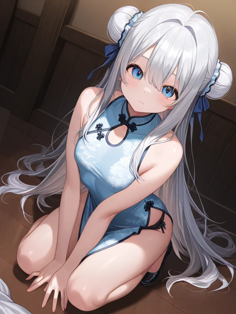animemanga girl, Long messy white hair tied up, A beautiful Blue eyes, blank expression, Wearing a white cheongsam with some light blue accents, Bare legged, White skin of the, Beautiful Chinese room background with flower pots, 8K, A high resolution
