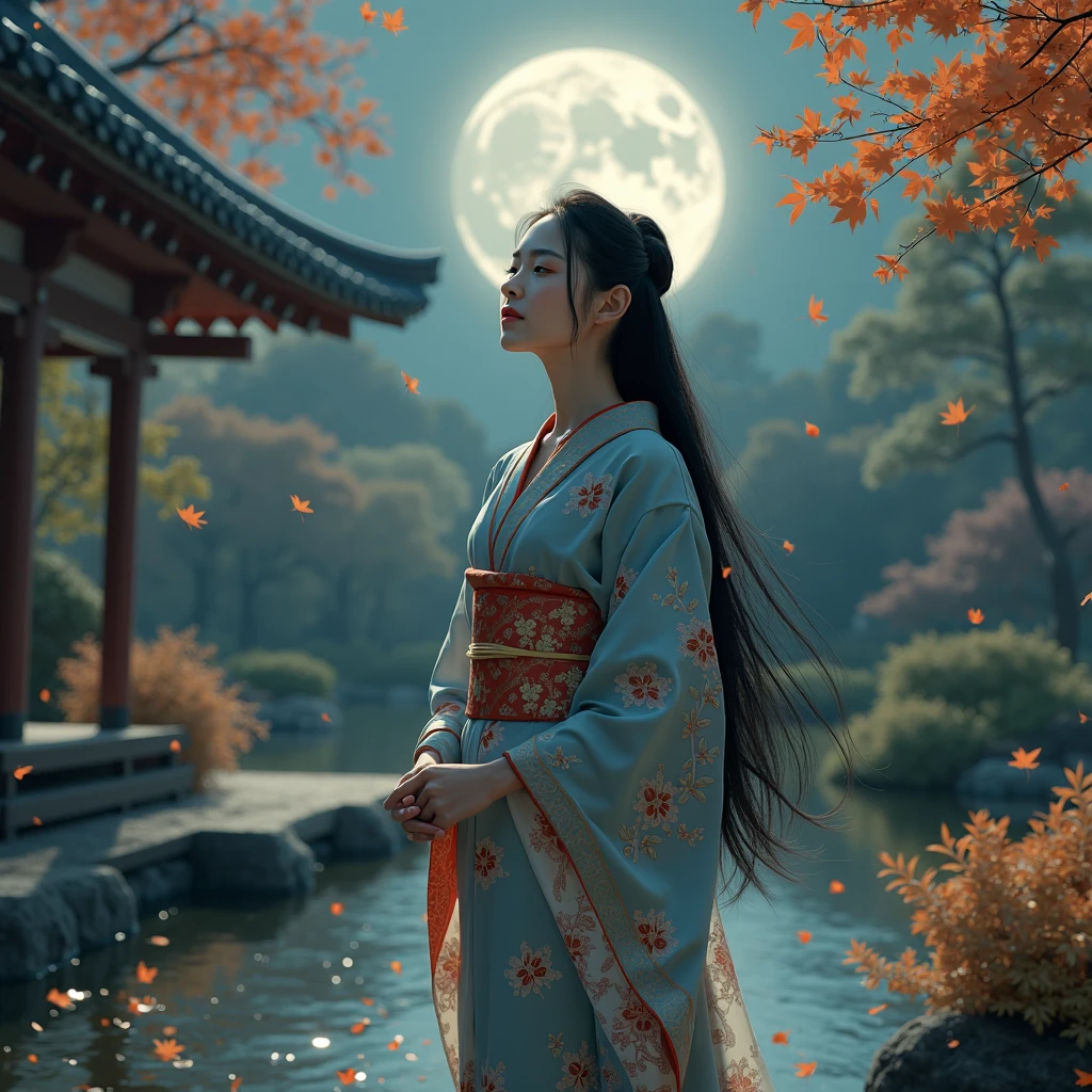 A girl sitting under a tree, Yellow ginkgo leaves fall, In the distance, you can see an ancient glazed stupa,Capture the scene with a wide-angle lens. Ginkgo trees stand tall, Its branches spread, Painted in luminous oil painting style. The moon hangs in the sky, Cast a soft light on your surroundings. The wind blows gently, Rustling leaves,Creates a sense of tranquility. The girl wears a white Hanfu, Her eyes shone with curiosity and amazement. The curved moon adds a touch of magic to the scene, Create a fantastic atmosphere. High overall image quality, With ultra-detailed features and realistic, Photorealistic rendering. vibrant with colors,Lights capture the essence of autumn.