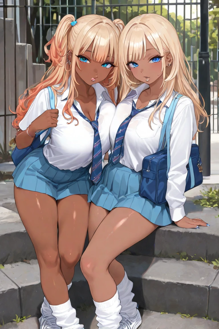 masterpiece, best quality, ultra detailed, sparkling eyes, high contrast, (very delicate and beautiful), hyper detail, super dense skin, break 2 girls,  break 16 years old, gal, (tan:1.3),  large breasts, blonde, With a round face, clear blue eyes, Y-shirt, (cleavage), plaid skirt, (Cardigan to wrap around the waist), loose socks, loafers, break　shiny hair, shiny skin, delicate line tail face, shining eyes、blush, break　throw, (looking at the viewer),  (heart, talked_heart:1.3), (whole body:1.3), classroom, machine, Chair, (Oil:1.3), (Sweat:1.3), with an evil smile, half open mouth, (Chest grab:1.3), attraction, sandwiched paizuri