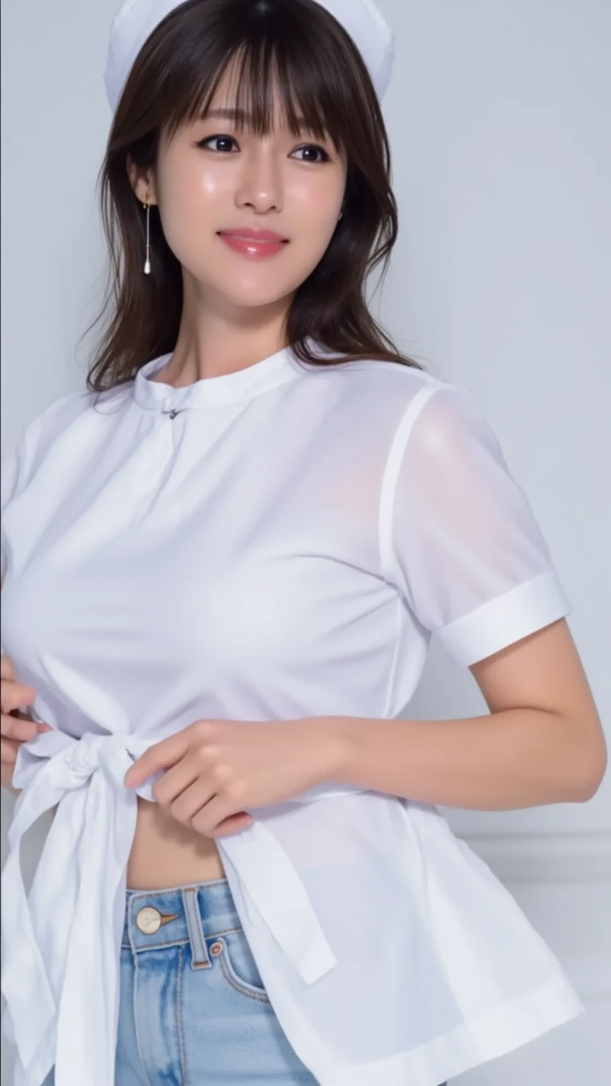 A girl with long brown hair, has brown eyes with long eyelashes, her cheeks are natural red, she is wearing a ((wet t-shirt)), she is wearing a wet white blouse that sticks to her breasts making it glimpse underneath from the blouse, with a skirt and is in a school place, wearing a , the is transparent only the ((blouse because it is wet)), you can see the nipples underneath ((uniform scholastic))